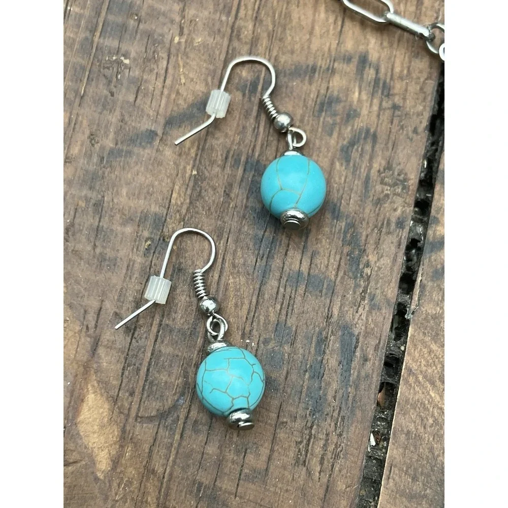 Turquoise Beaded Multi Strand Necklace & Earrings Set Southwestern Boho Jewelry